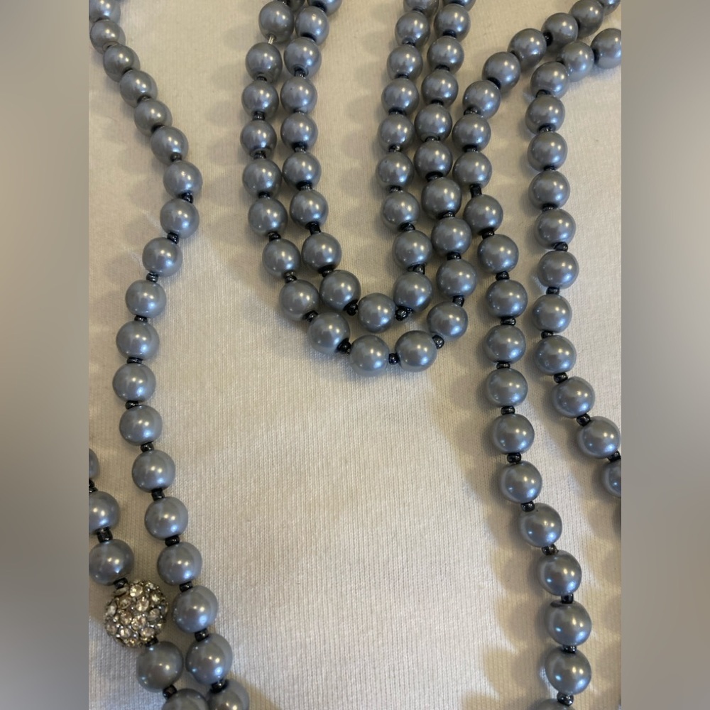 Flapper Length Gray Glass Faux Pearls 60” Long Necklace